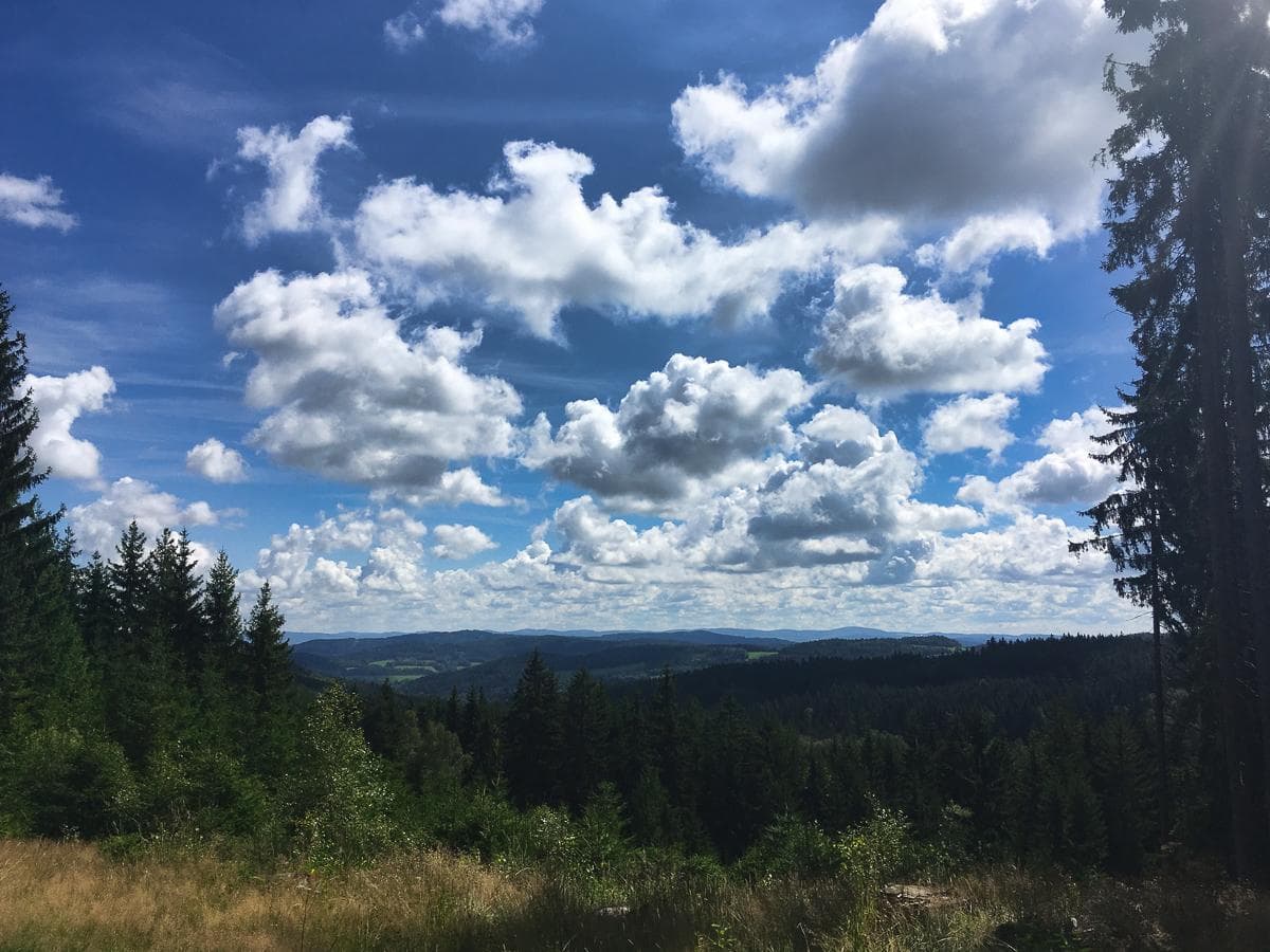 sunny view from mountain top over hilly landscape